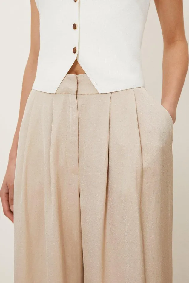 Suits Women Karen Millen Premium Tailored Linen Pleated Wide Leg Trousers Stone