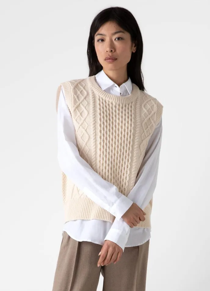 SUNSPEL Knitwear Lambswool Cable Knit Vest Ecru 8211 Women
