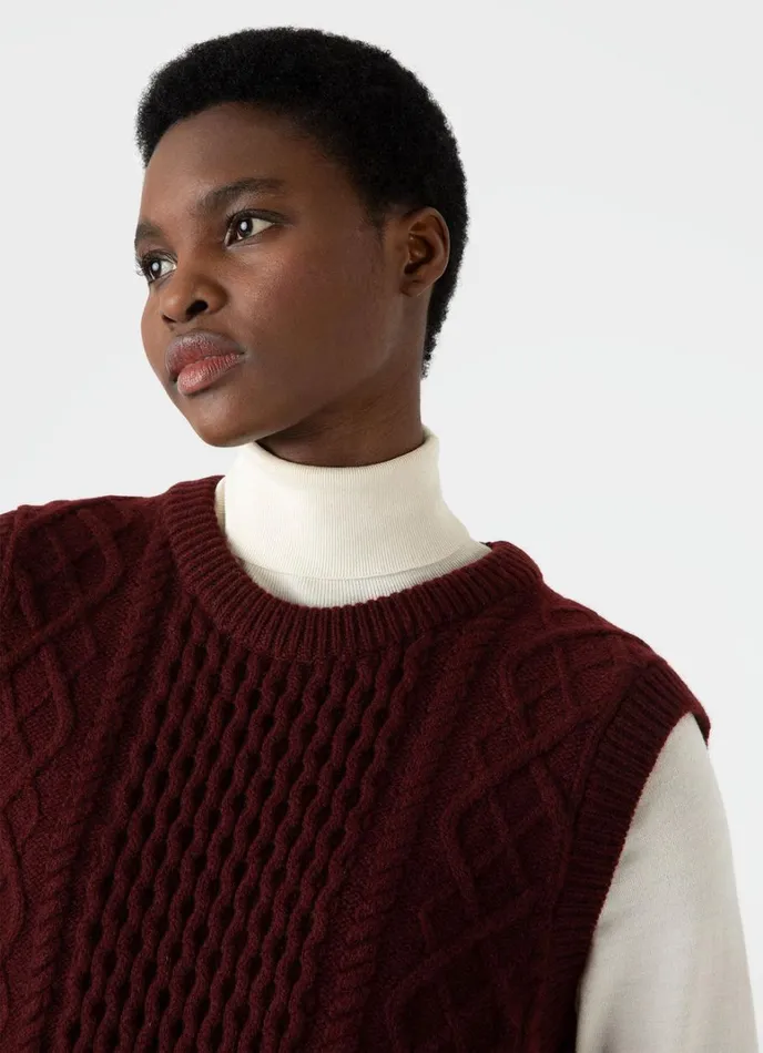 SUNSPEL Knitwear Lambswool Cable Knit Vest Maroon 8211 Women