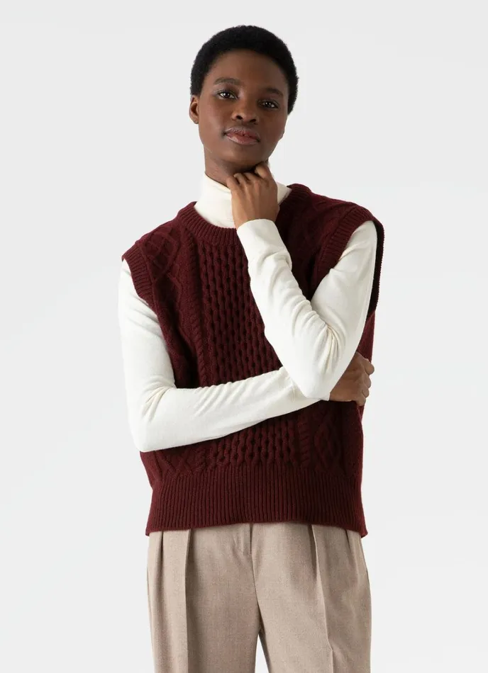 SUNSPEL Knitwear Lambswool Cable Knit Vest Maroon 8211 Women