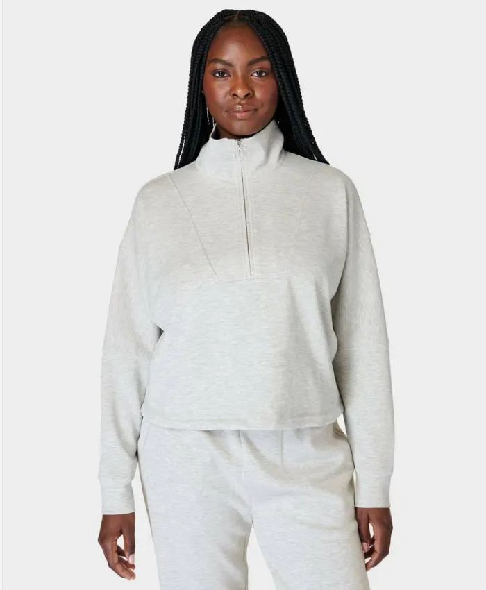 Sweaty Betty Sand Wash Funnel Neck Half Zip Ice Grey Marl Clothing Sweatshirts Hoodies