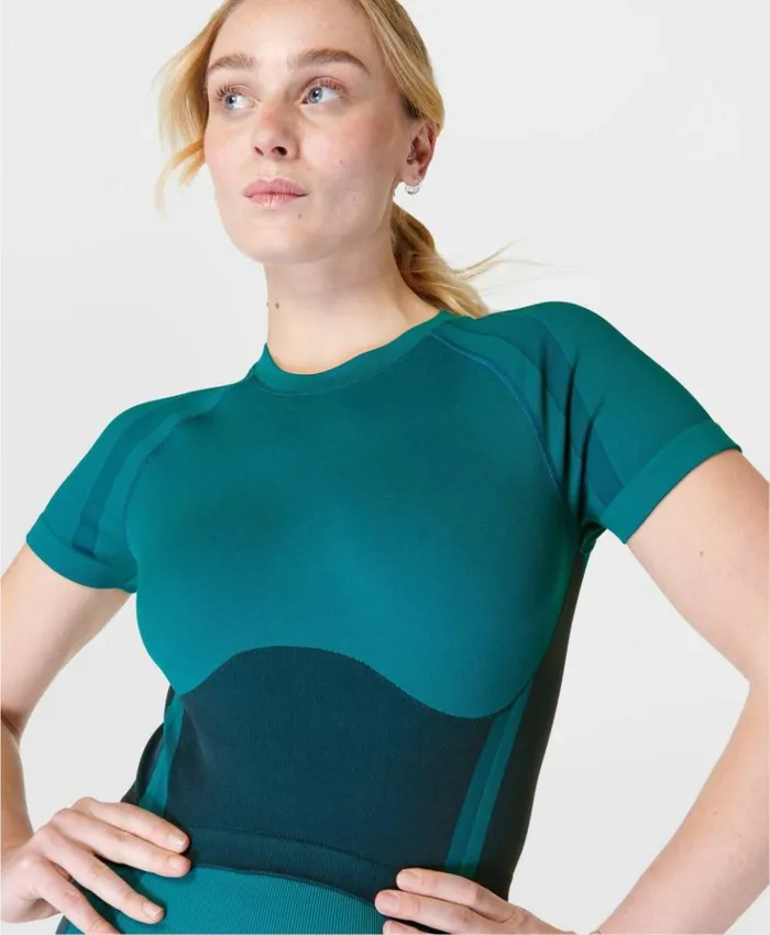 Sweaty Betty Silhouette Sculpt Seamless Short Sleeve Top Reeftealblue Navyblue Clothing TShirts