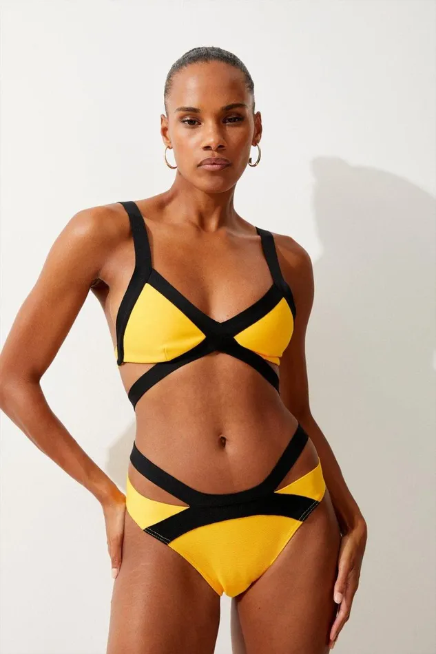 Swimwear Women Karen Millen Bandage Colour Block Strappy Bikini Top Yellow