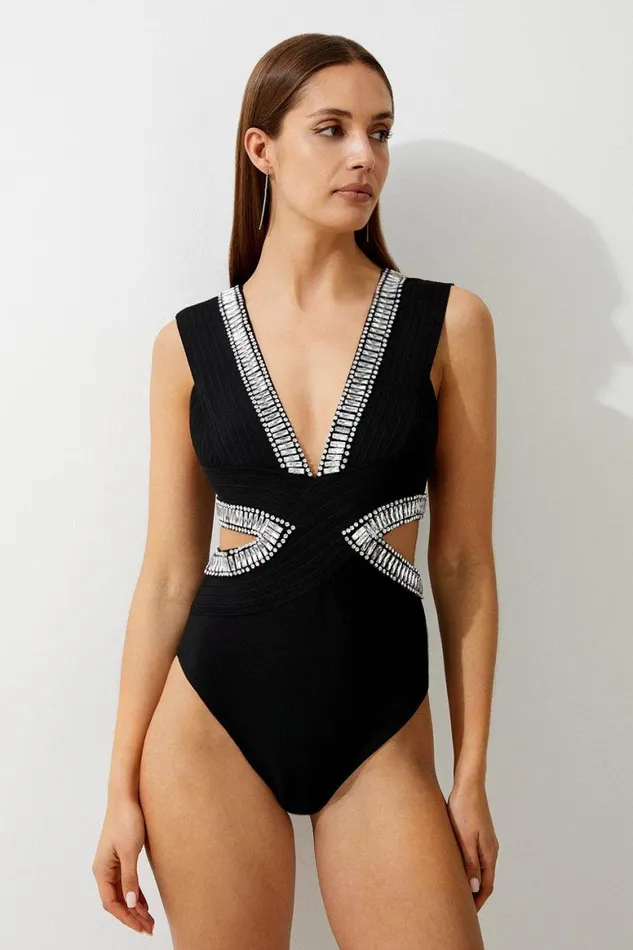 Swimwear Women Karen Millen Bandage Embellished Trim Cut Out Swimsuit Black