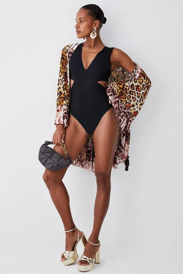 Swimwear Women Karen Millen Bandage Textured V Neck Swimsuit Black