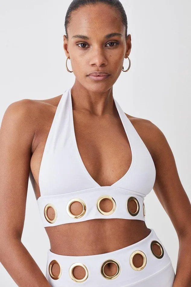 Swimwear Women Karen Millen Eyelet Detail Halter Neck Bikini Top White