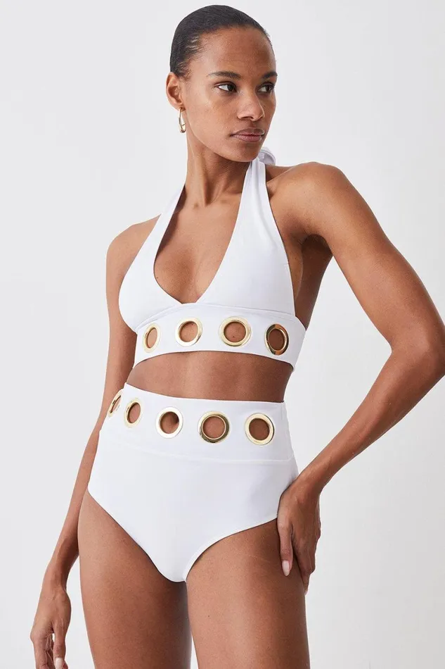 Swimwear Women Karen Millen Eyelet Detail Halter Neck Bikini Top White