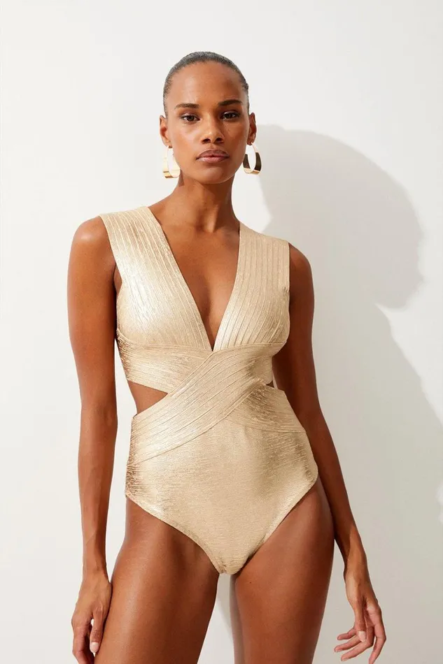 Swimwear Women Karen Millen Foiled Bandage Textured V Neck Swimsuit Gold