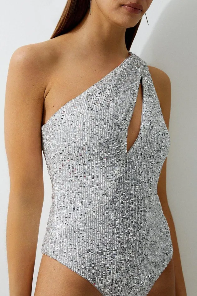 Swimwear Women Karen Millen Sequin Cut Out Asymmetric Thong Swimsuit Silver