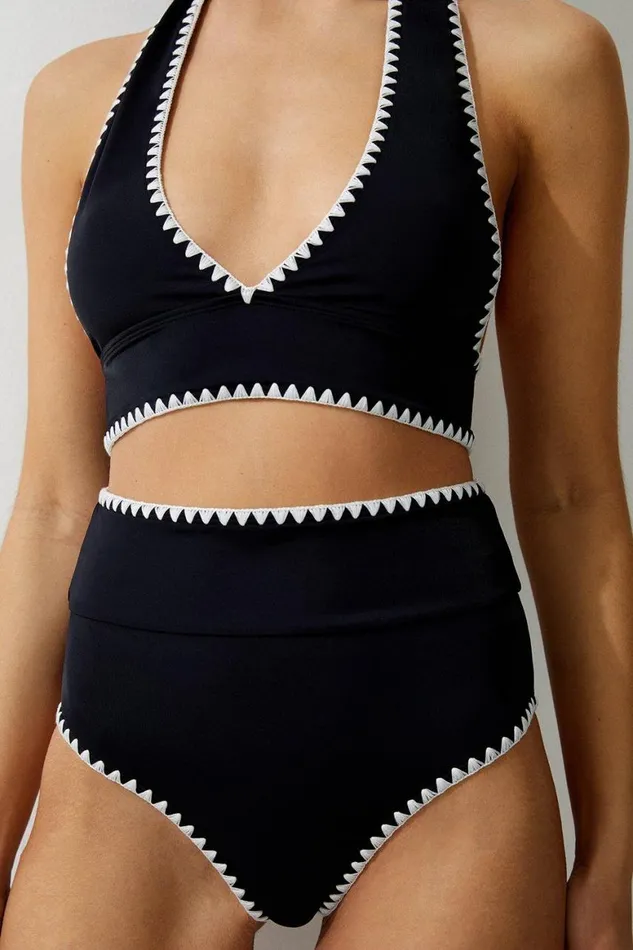 Swimwear Women Karen Millen Stitch Detail High Waisted Bikini Bottoms Black