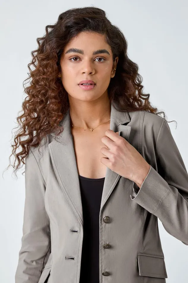 Taupe Stretch Button Detail Blazer Women Roman Jackets