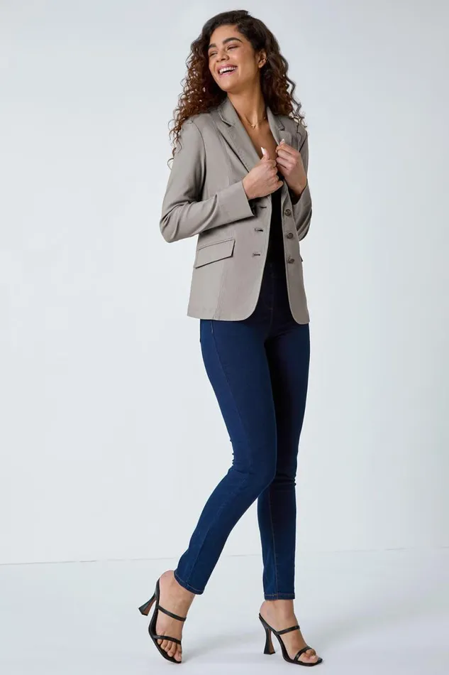 Taupe Stretch Button Detail Blazer Women Roman Jackets