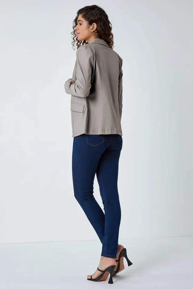 Taupe Stretch Button Detail Blazer Women Roman Jackets