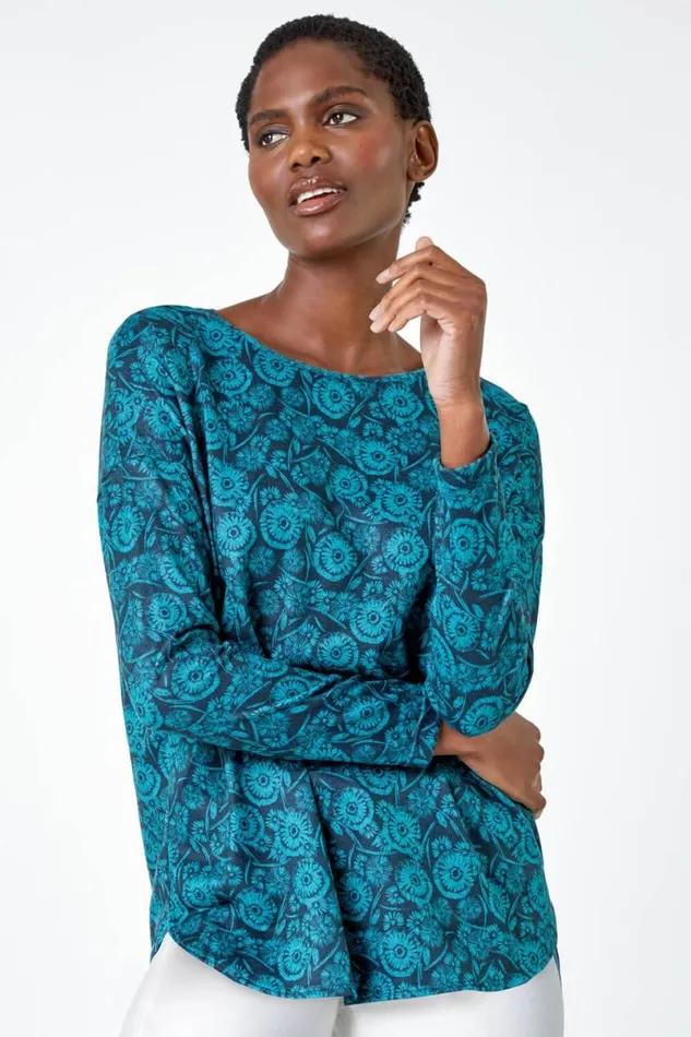 Teal Floral Soft Stretch Jersey Top Women Roman Tops