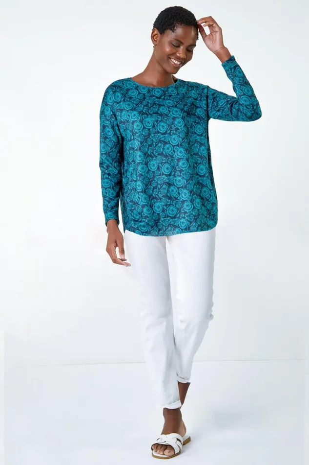 Teal Floral Soft Stretch Jersey Top Women Roman Tops