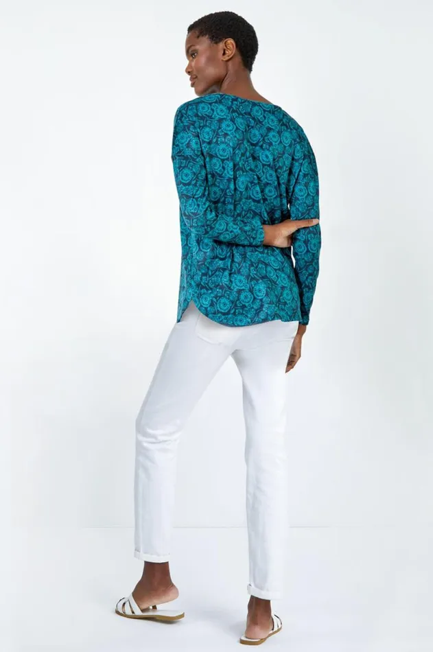 Teal Floral Soft Stretch Jersey Top Women Roman Tops
