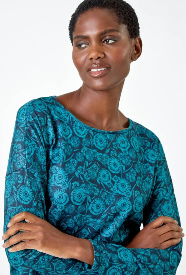 Teal Floral Soft Stretch Jersey Top Women Roman Tops
