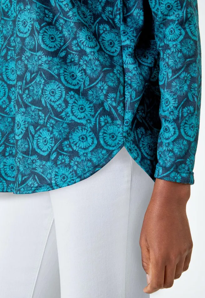 Teal Floral Soft Stretch Jersey Top Women Roman Tops