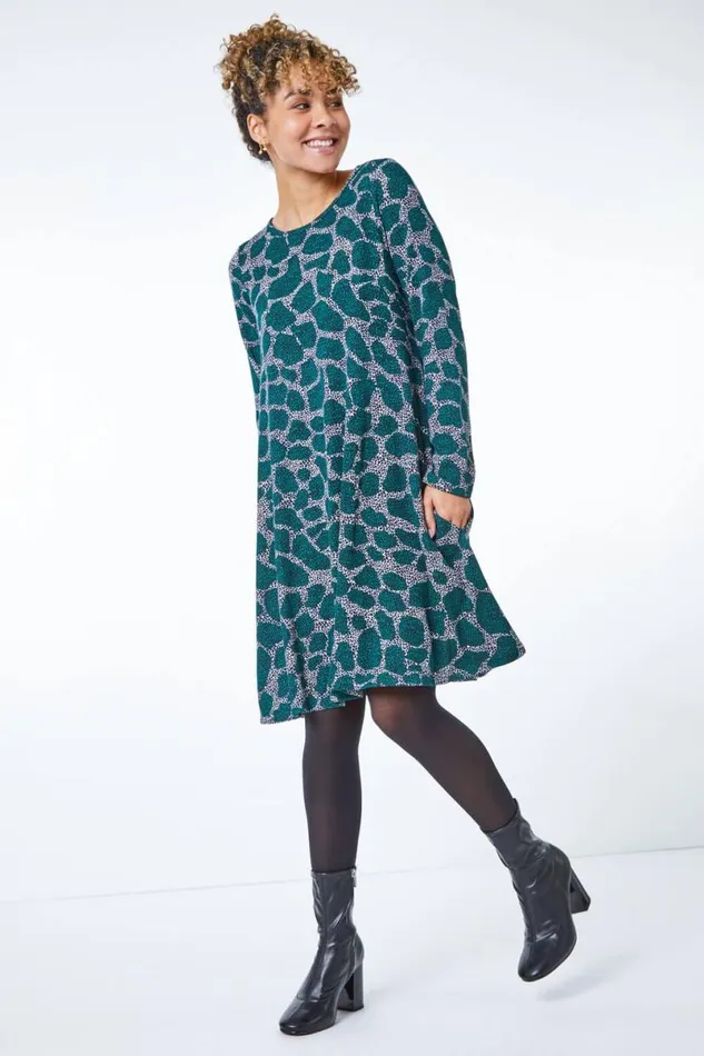 Teal Petite Leopard Print Mini Swing Dress Women Roman Dresses