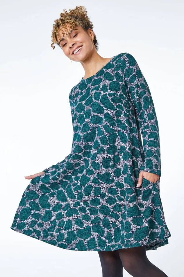 Teal Petite Leopard Print Mini Swing Dress Women Roman Dresses