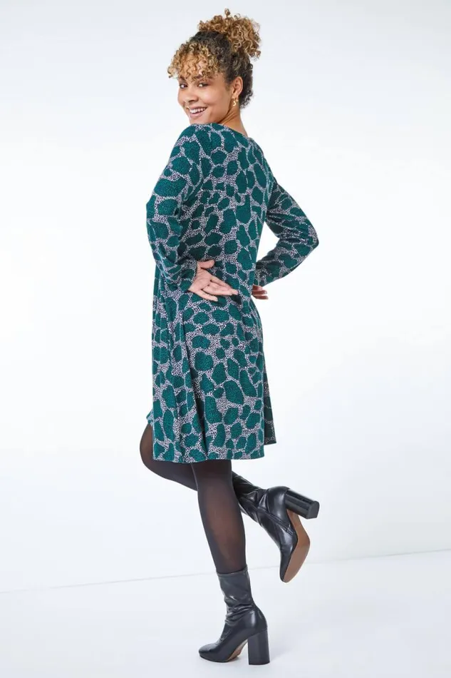 Teal Petite Leopard Print Mini Swing Dress Women Roman Dresses