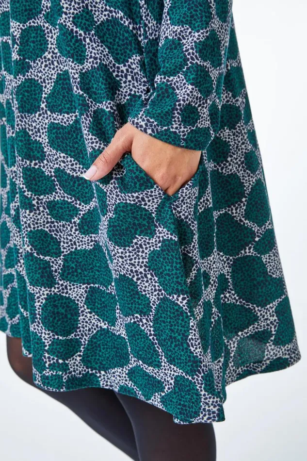 Teal Petite Leopard Print Mini Swing Dress Women Roman Dresses