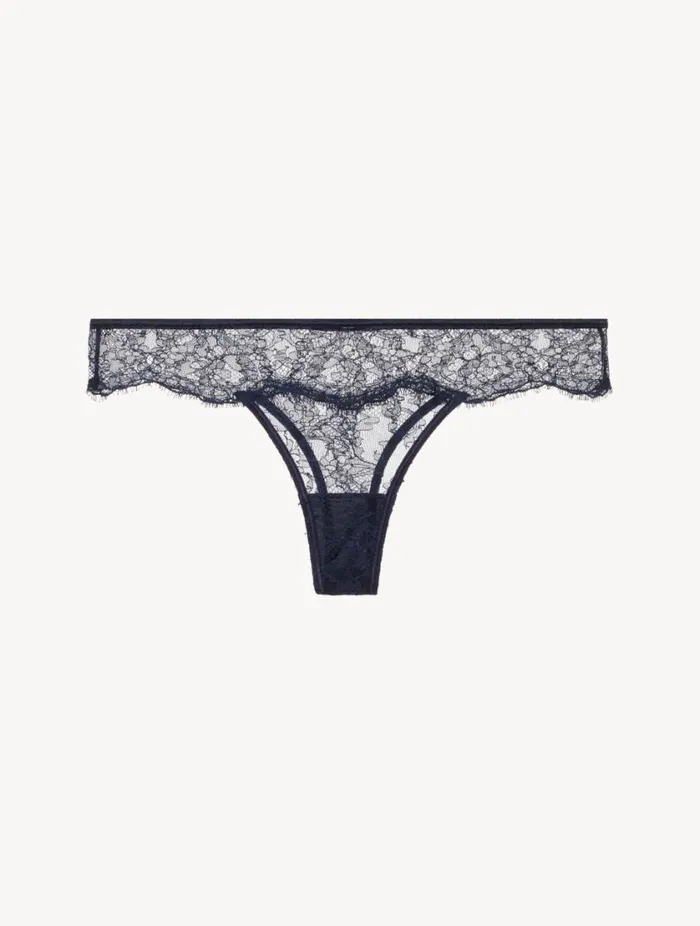 Thong In Steel Blue And Black With Leavers Lace Lingerie La Perla G String and Thong