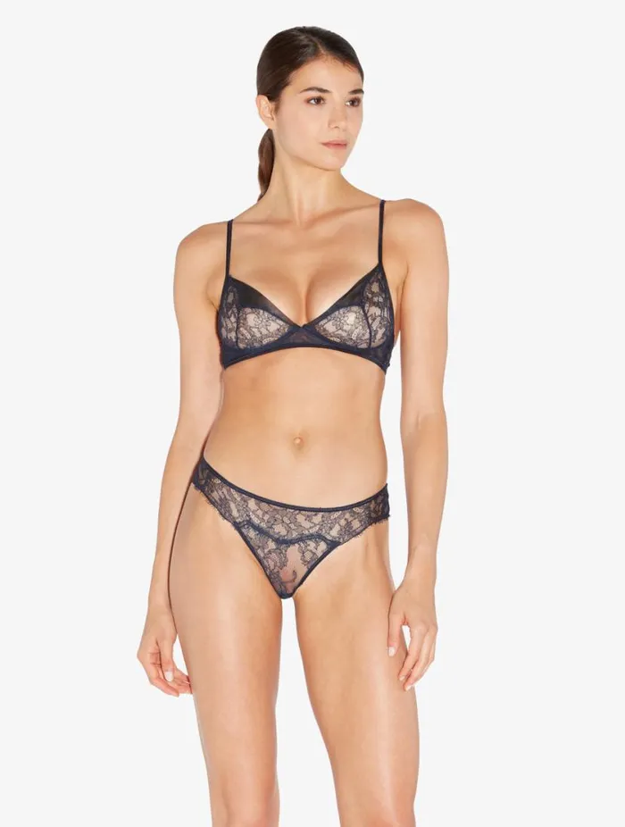 Thong In Steel Blue And Black With Leavers Lace Lingerie La Perla G String and Thong