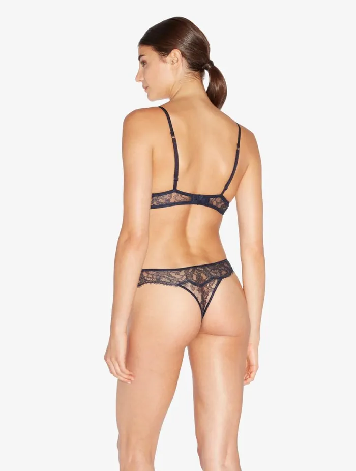 Thong In Steel Blue And Black With Leavers Lace Lingerie La Perla G String and Thong