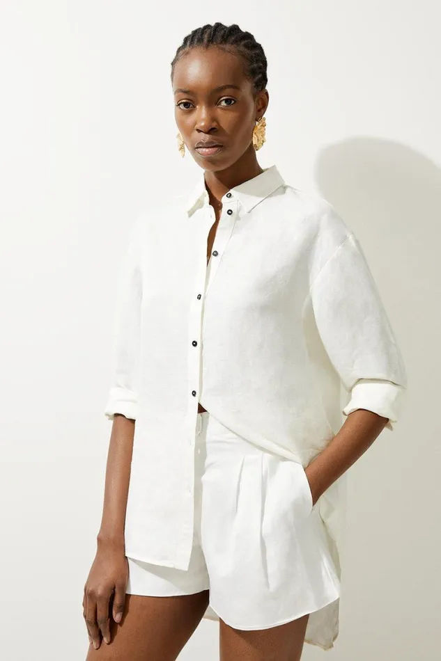 Tops Women Karen Millen Beach Linen Woven Long Sleeve Shirt Ivory