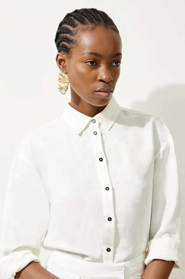 Tops Women Karen Millen Beach Linen Woven Long Sleeve Shirt Ivory
