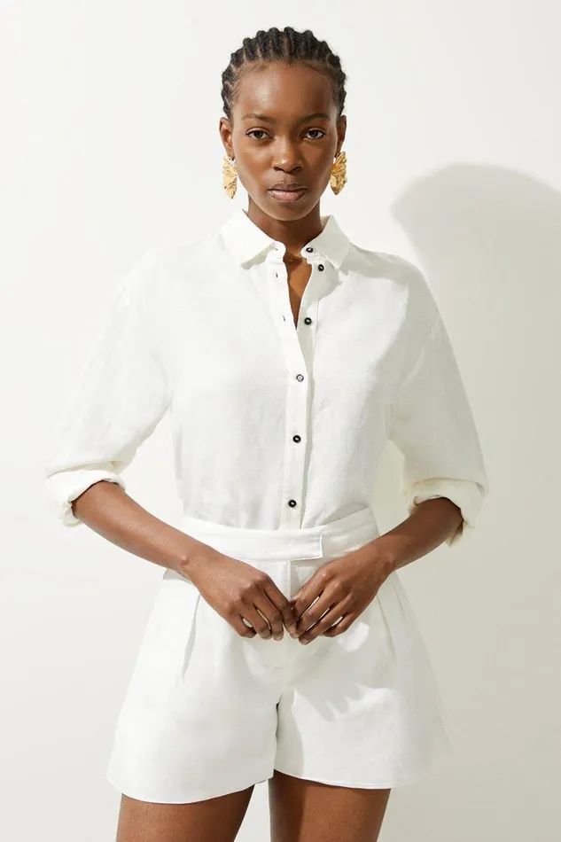 Tops Women Karen Millen Beach Linen Woven Long Sleeve Shirt Ivory