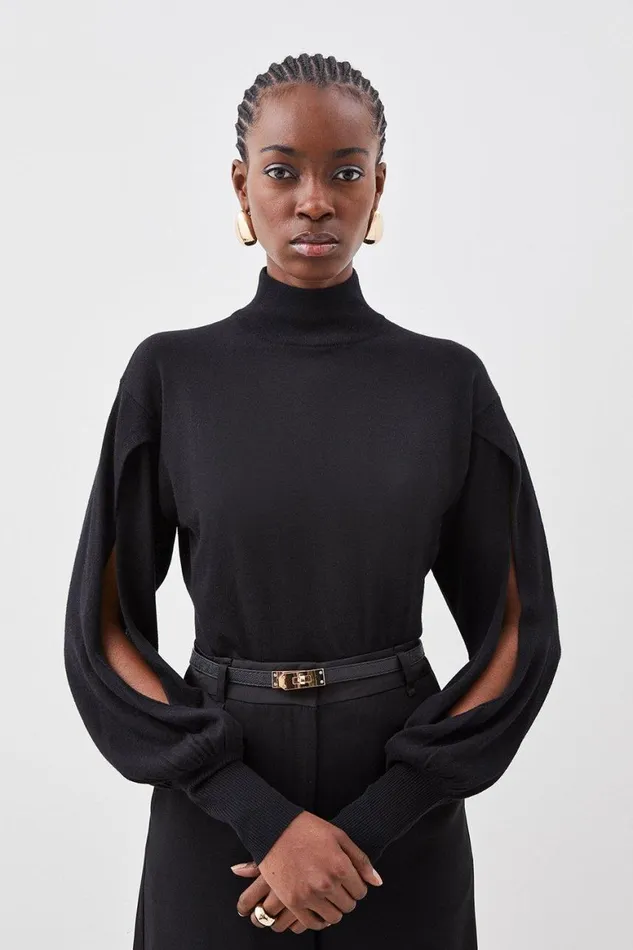 Tops Women Karen Millen Cashmere Blend Roll Neck And Split Sleeve Knit Top Black Tops Women Karen Millen Cashmere Blend Roll Neck And Split Sleeve Knit Top Black