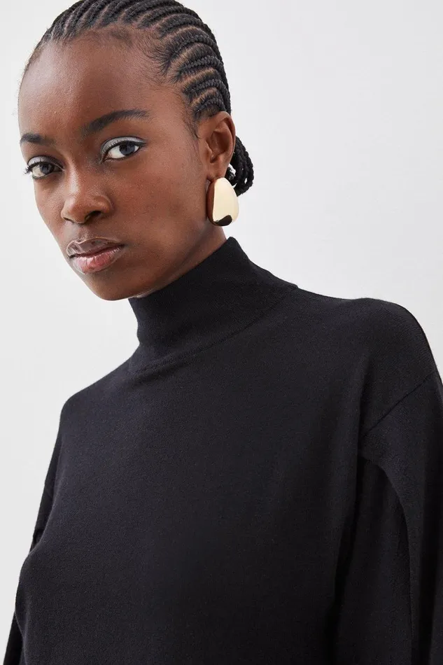 Tops Women Karen Millen Cashmere Blend Roll Neck And Split Sleeve Knit Top Black