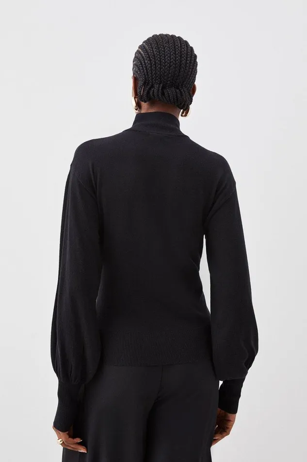 Tops Women Karen Millen Cashmere Blend Roll Neck And Split Sleeve Knit Top Black