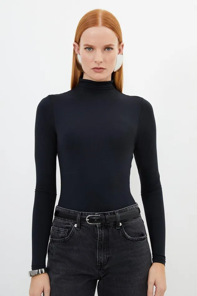 Tops Women Karen Millen Contour Jersey High Neck Long Sleeve Bodysuit Black