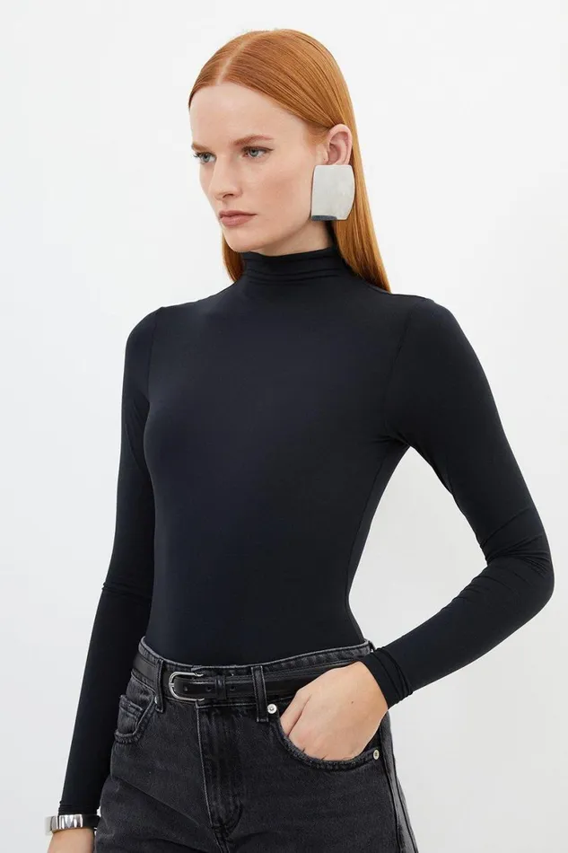 Tops Women Karen Millen Contour Jersey High Neck Long Sleeve Bodysuit Black