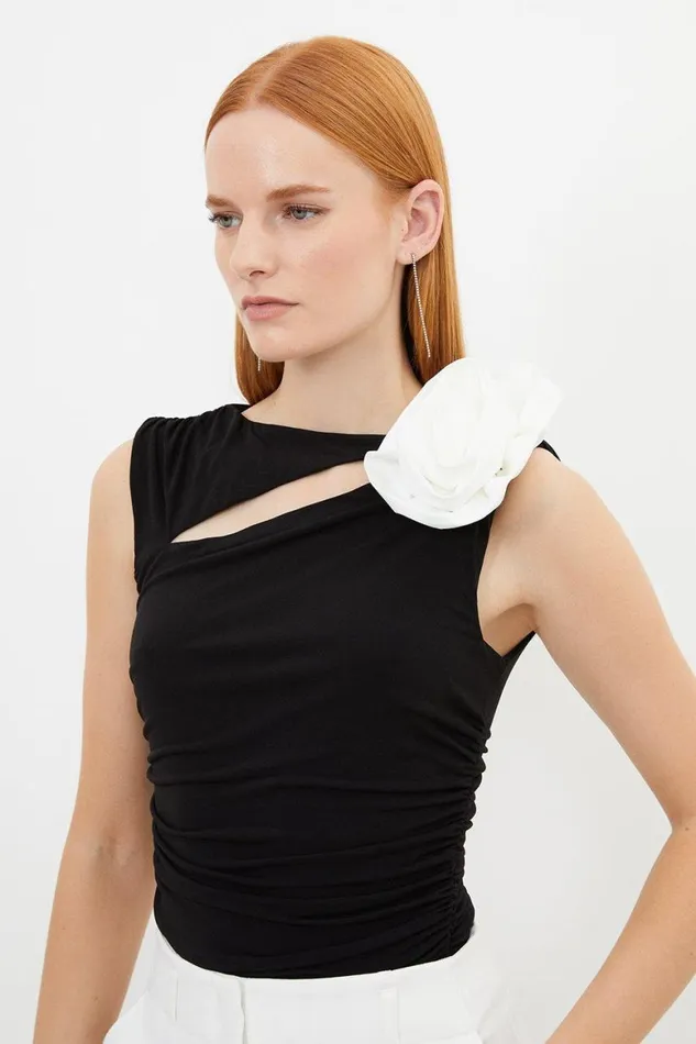 Tops Women Karen Millen Contrast Cutout Jersey Rosette Bodysuit Black