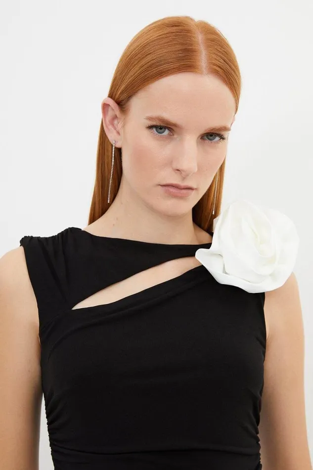 Tops Women Karen Millen Contrast Cutout Jersey Rosette Bodysuit Black