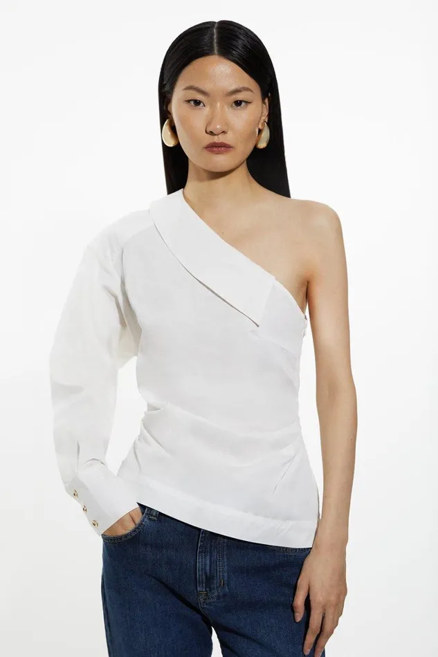 Tops Women Karen Millen Cotton Poplin Woven One Sleeve Shirt White