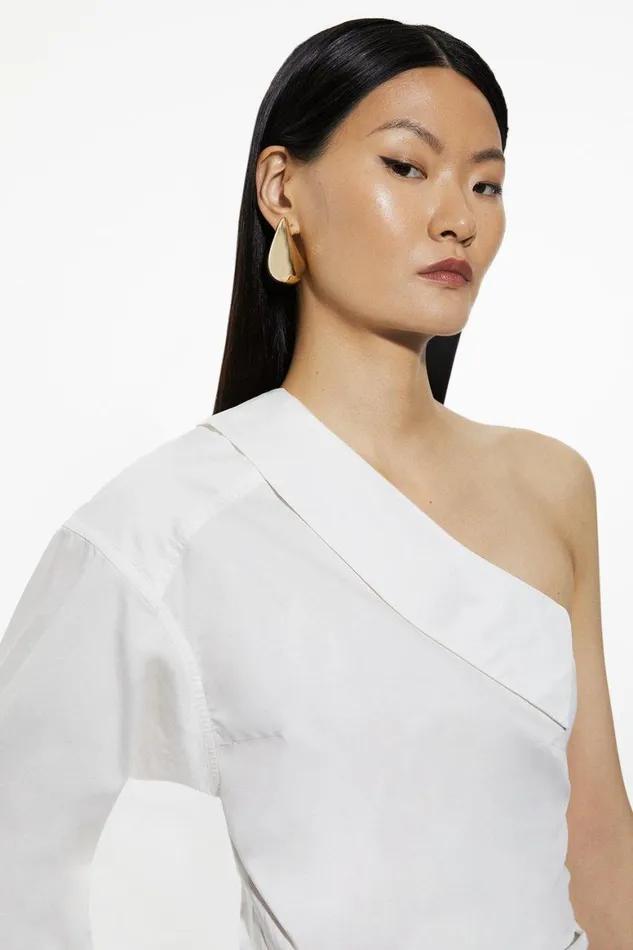Tops Women Karen Millen Cotton Poplin Woven One Sleeve Shirt White