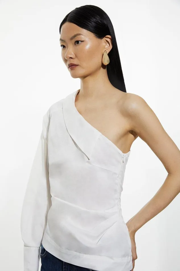 Tops Women Karen Millen Cotton Poplin Woven One Sleeve Shirt White