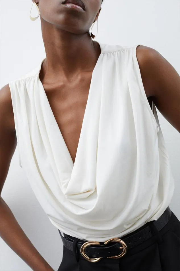 Tops Women Karen Millen Cowl Neck Jersey Bodysuit Ivory