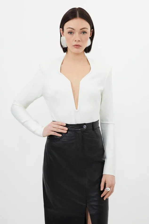 Tops Women Karen Millen Figure Form Bandage Plunge Knit Top Cream