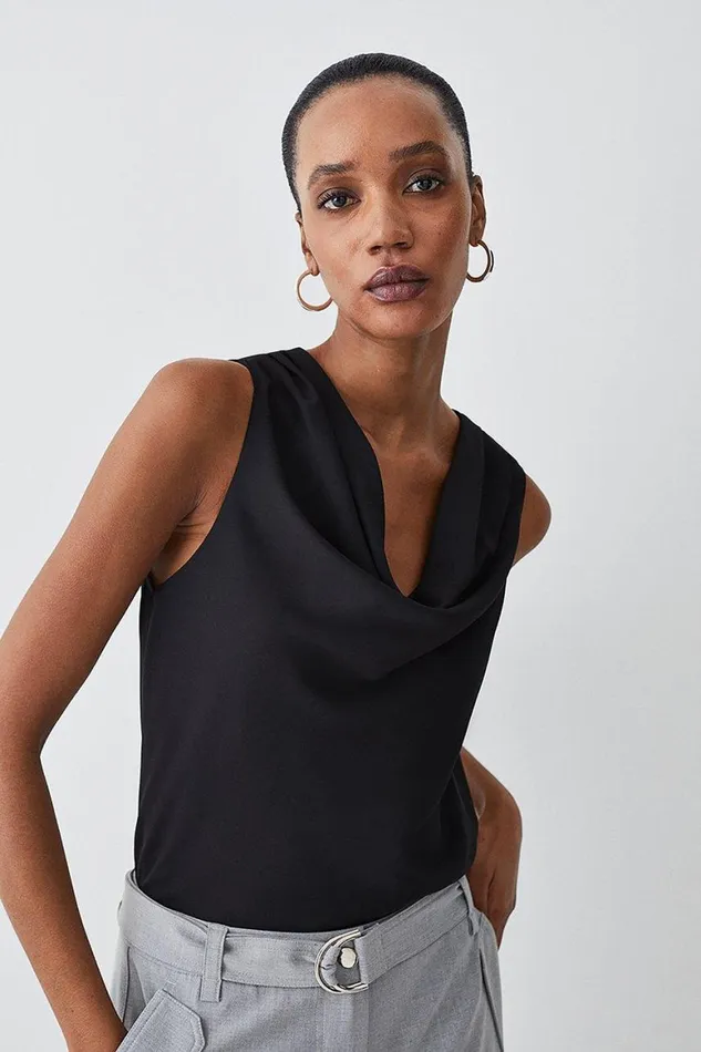 Tops Women Karen Millen Georgette Cowl Neck Woven Blouse Black