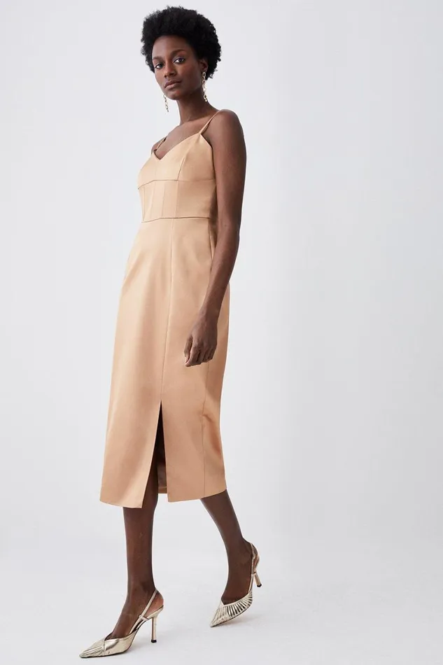 Tops Women Karen Millen Italian Structured Satin Corset Detail Pencil Midi Dress Camel