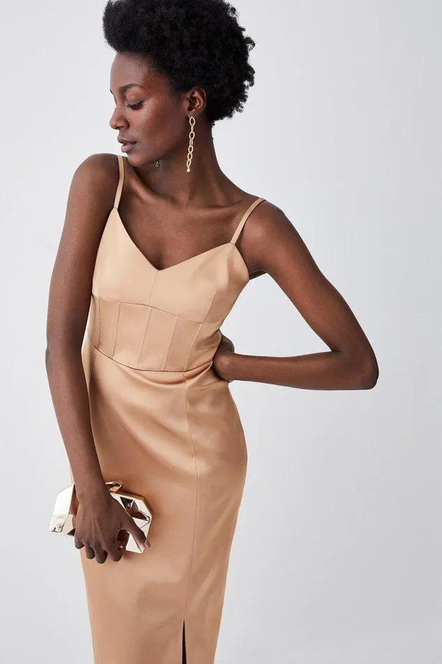 Tops Women Karen Millen Italian Structured Satin Corset Detail Pencil Midi Dress Camel