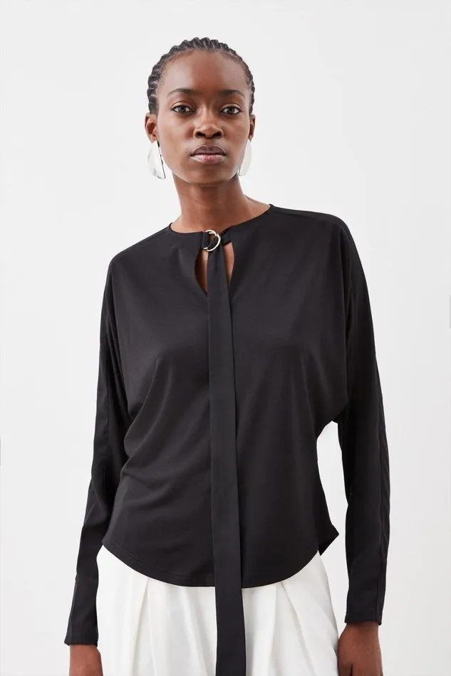 Tops Women Karen Millen Jersey And Georgette Mix Keyhole Long Sleeve Top Black Tops Women Karen Millen Jersey And Georgette Mix Keyhole Long Sleeve Top Black