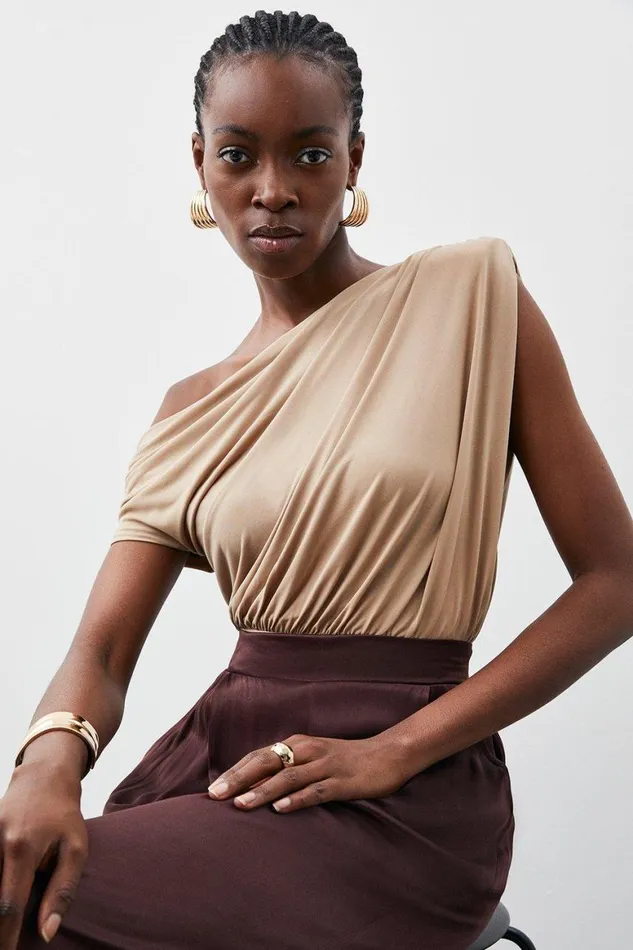 Tops Women Karen Millen Jersey Crepe Asymmetric Bodysuit Sand