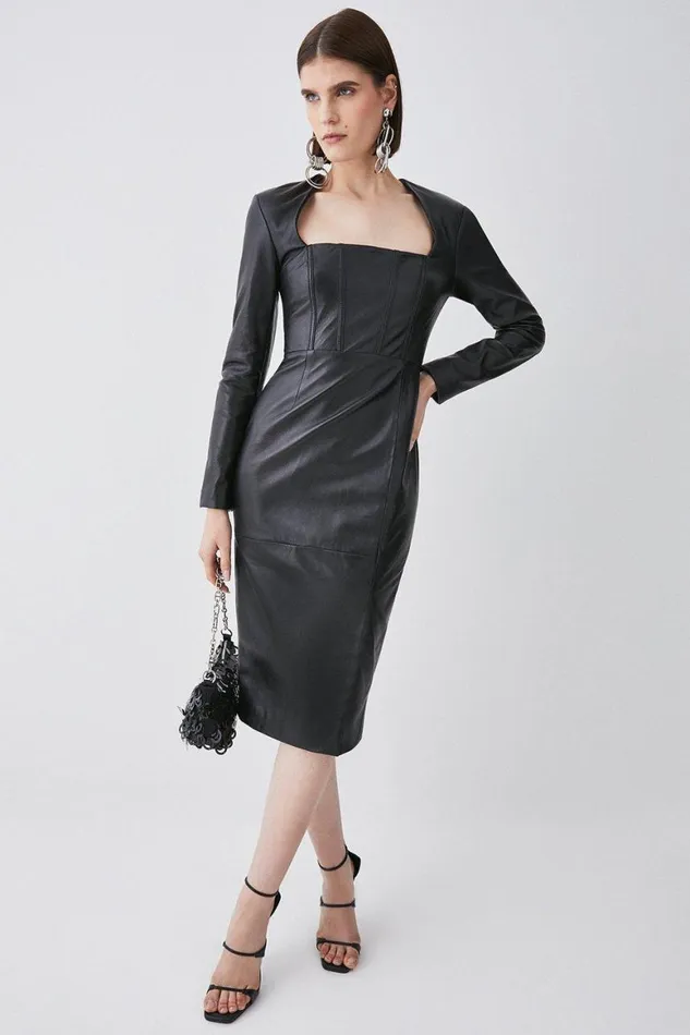 Tops Women Karen Millen Leather Corset Detail Sleeved Midi Pencil Dress Black